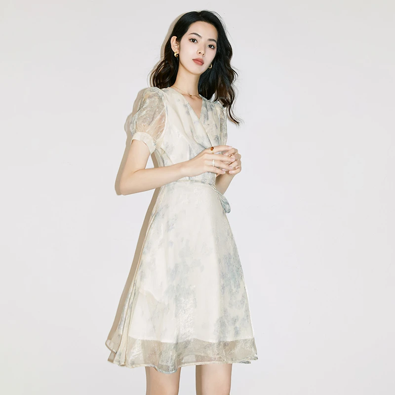 晚白新款气质印花雪纺裙修身系带减龄淑女短袖连衣裙24041210