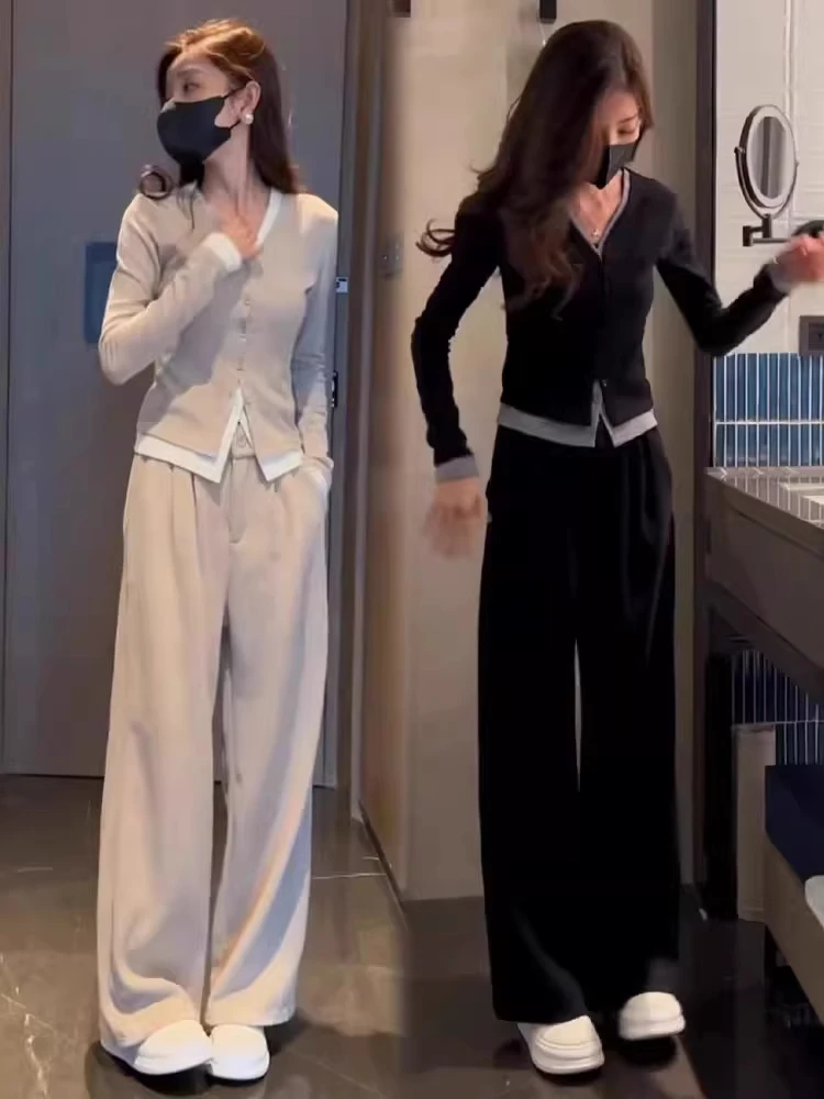 小个子时尚V领假两件阔腿裤运动两件套女秋季新款洋气休闲套装