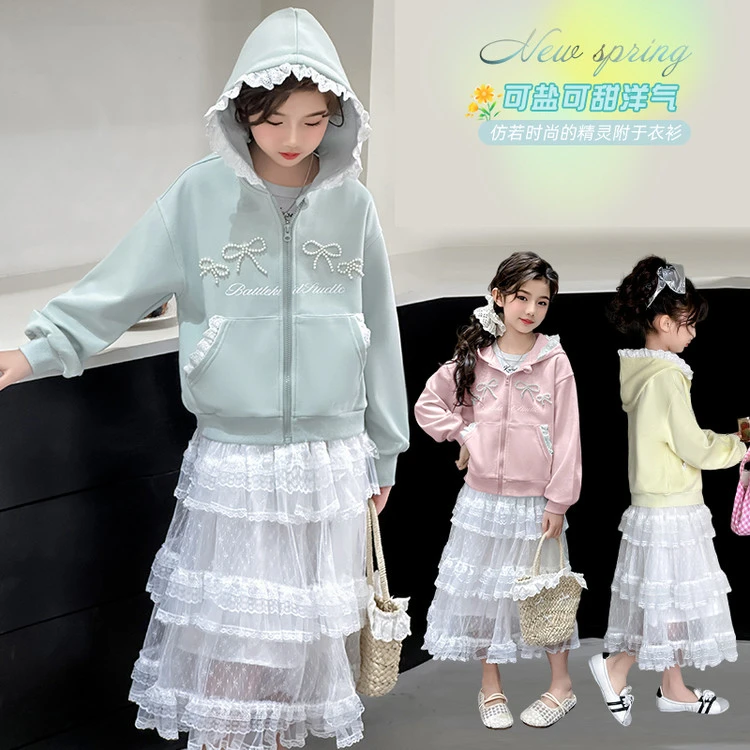 女童外套春秋新款半身裙中大童针织连帽上衣女孩洋气衣服蕾丝裙子