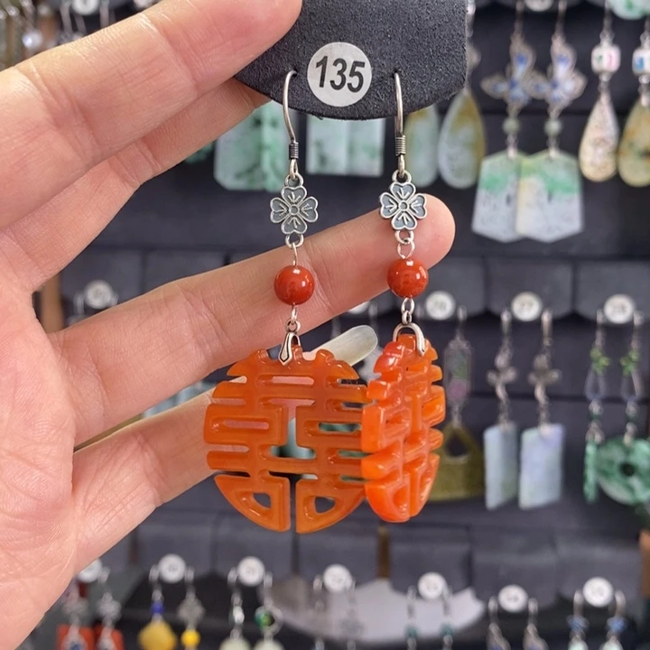 翡翠耳饰银S925镶嵌安*卡烧红翡耳坠X24