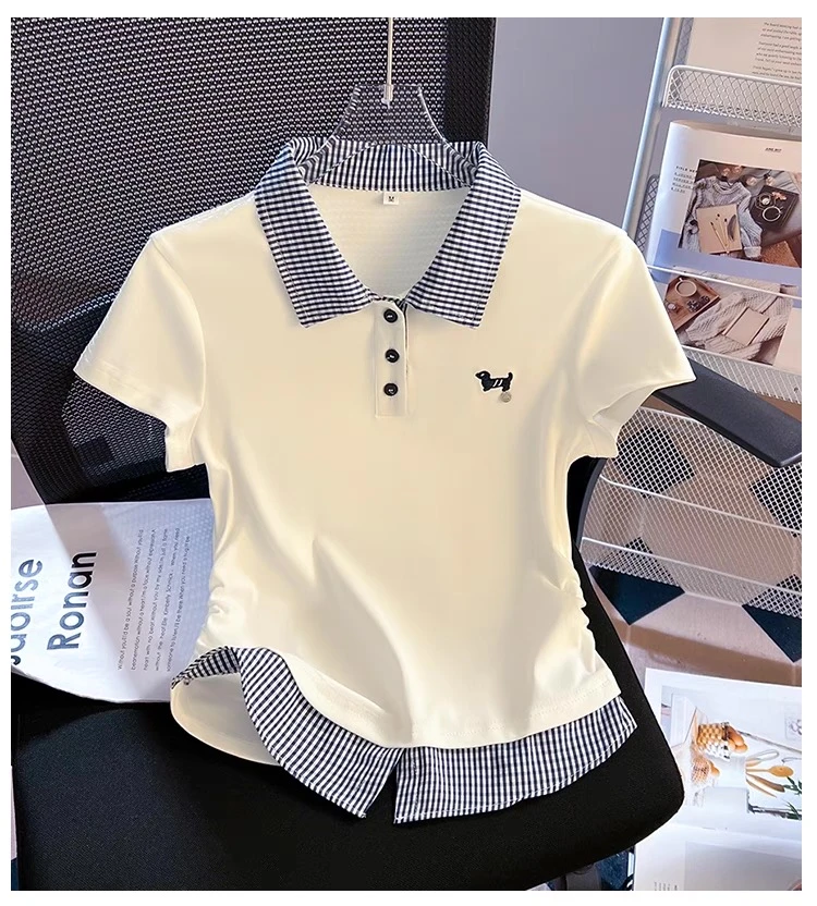 女童假两件拼格子polo领短袖t恤中大童翻领夏季新款学院收腰上衣