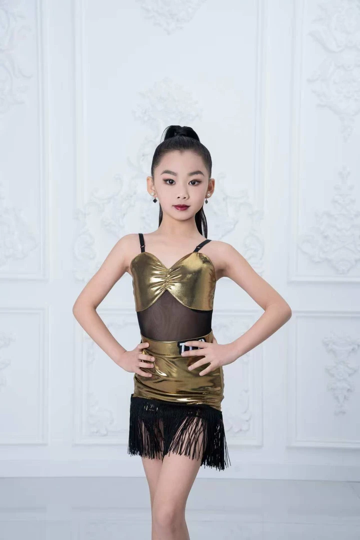 超闪雾金 拉丁舞吊带上衣  流苏裙套装