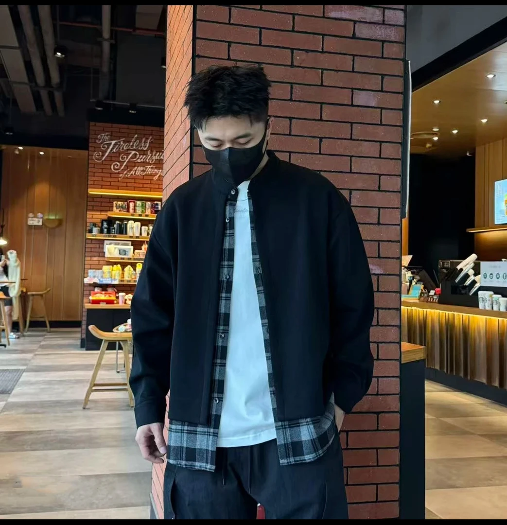 秋季新款假两件拼色设计格子休闲高级感百搭长袖高街宽松男士外套