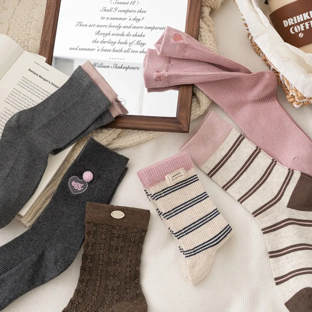 秋冬新款袜子百搭中筒袜网红爆款ins风外穿通勤长袜粉色堆堆袜XL