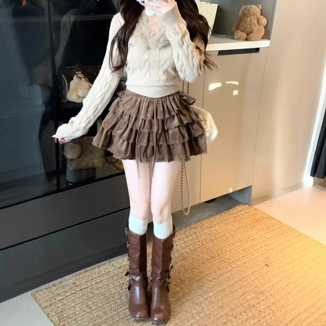 实拍丝绒百褶短裙女小个子松紧高腰显瘦蕾丝A字蛋糕半身裙女装