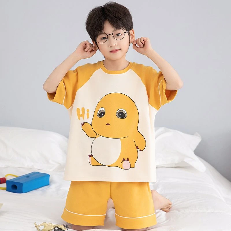 纯棉薄款新款夏季哪吒奶龙短袖小男孩卡通儿童睡衣套装家居服男童