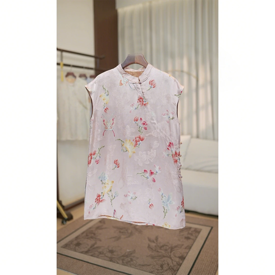 【粉蝶】斜襟提花中长款飞飞袖薄款立领上衣网红中式百搭上衣女