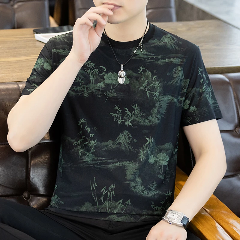 冰丝薄款短袖T恤男夏季圆领欧货凉感中国风山水墨半袖体恤夏装潮