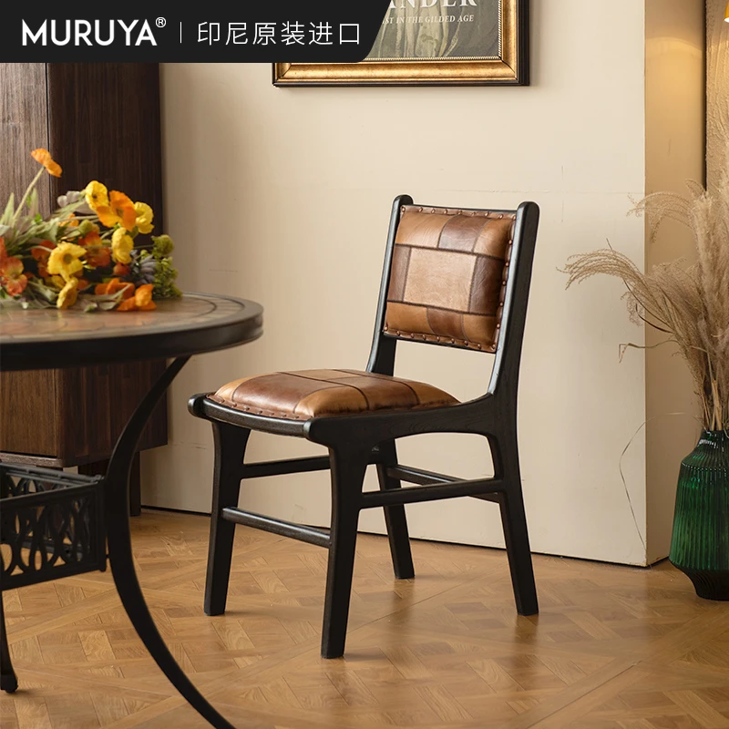 原装进口实木餐椅牛皮家用椅子柚木复古设计师家具民宿客厅休闲椅