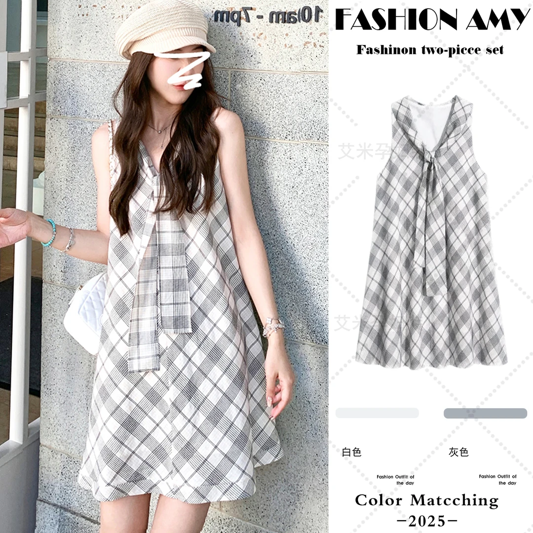 孕妇连衣裙夏季新款时尚韩版小个子中长款格子海军领显瘦背心裙子