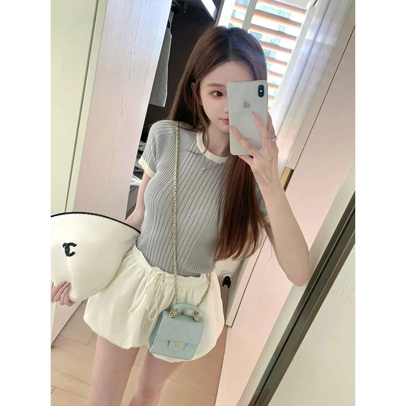 2025年夏季新品高级感法式小众拼色针织上衣女花苞短裤时尚两件套