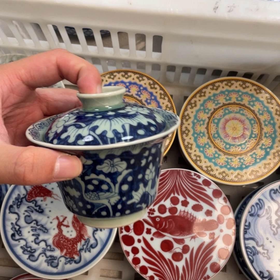瓷片景德镇青釉一路连科马蹄盖碗
