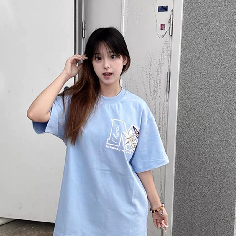 NASA ROA潮牌短袖T恤女美式高街夏季新款蝴蝶花卉刺绣情侣上衣服