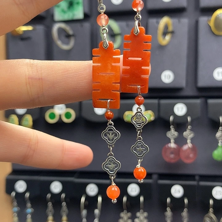 翡翠耳饰银S925镶嵌5555