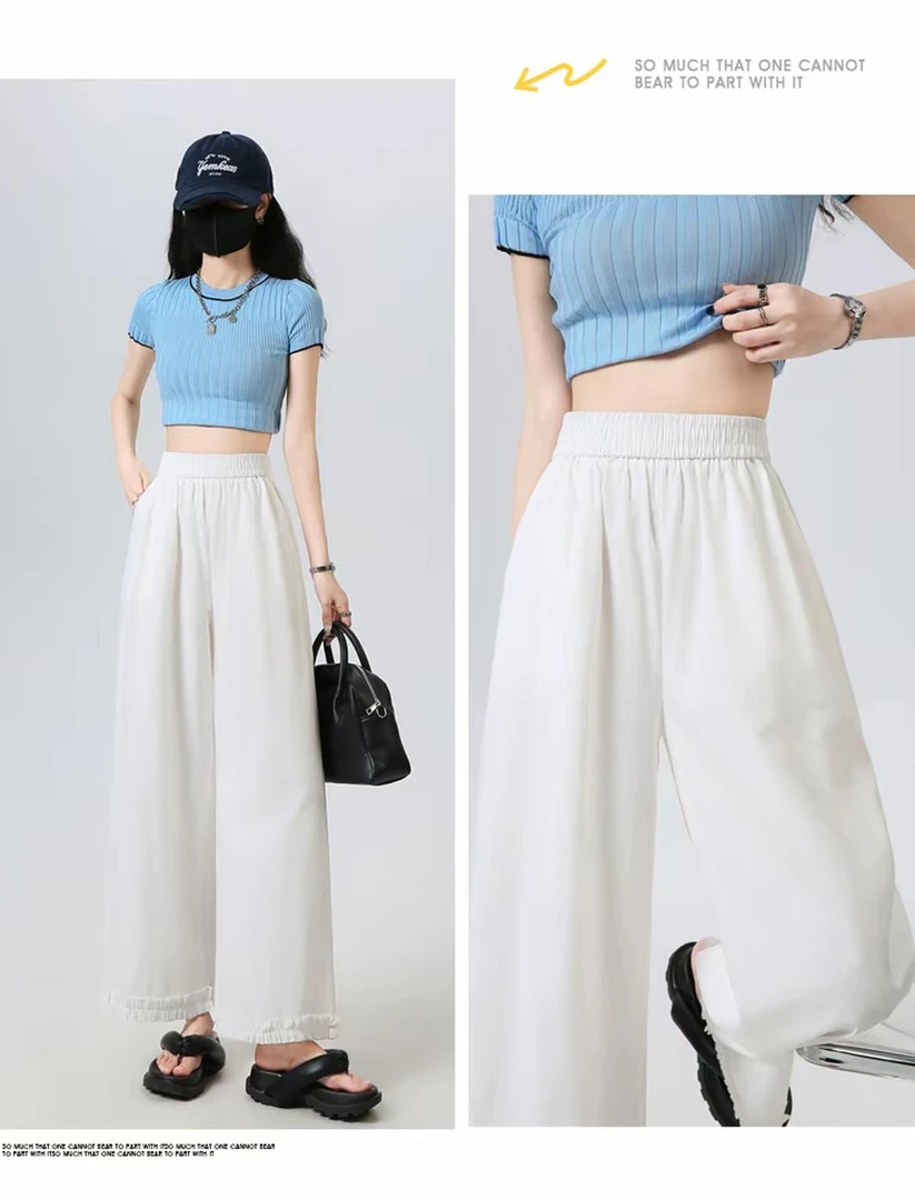 花边阔腿裤子2025夏季韩流女宽松新款垂感直筒九分休闲裤