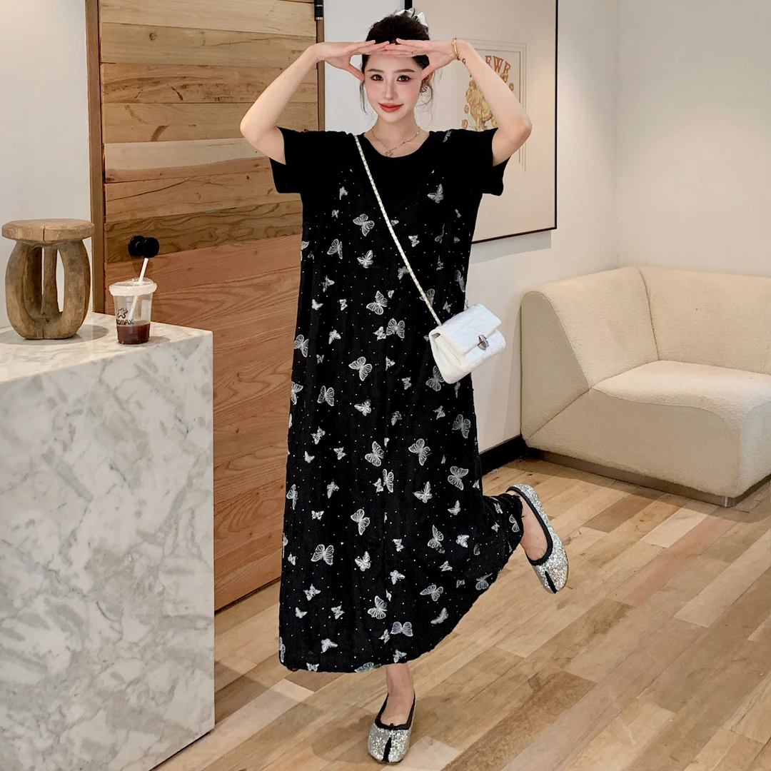 2025夏新款/假两件拼接长款小黑裙带钻大码显瘦气质碎花连衣裙