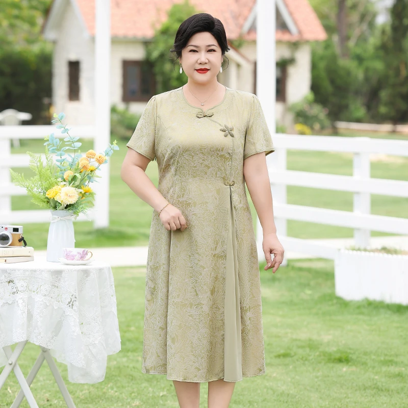 新中式国风连衣裙高档气质女装老年人妈妈夏装阔太太仿旗袍款裙子