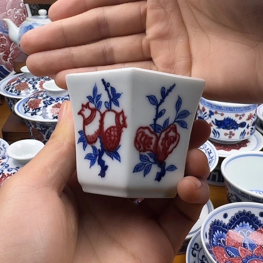 当代釉里红六方杯