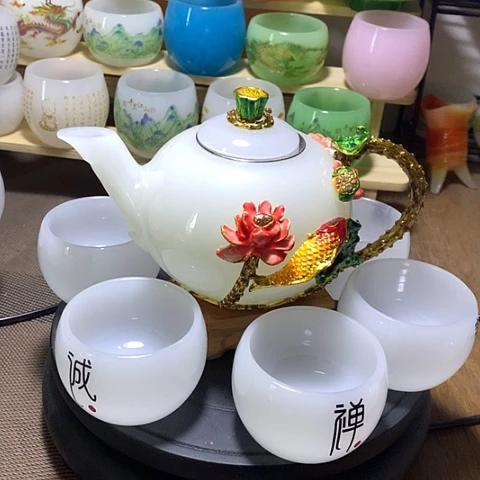 羊脂玉瓷琉璃中式珐琅彩年年有余一壶六杯礼盒套装