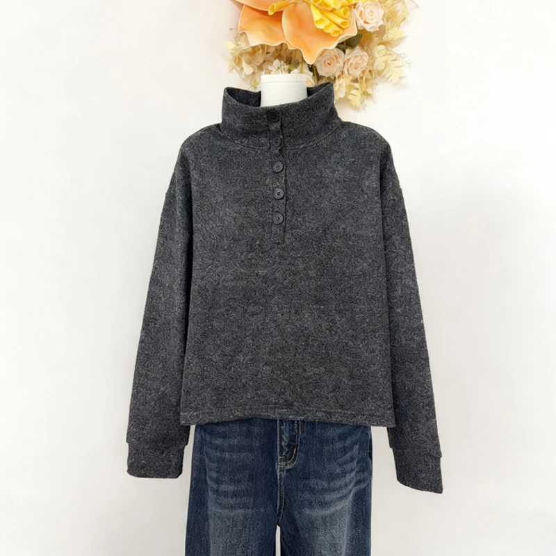 【香香严选】“简约”翻领纽扣装饰休闲上衣女 慵懒风短款长袖衫D-89