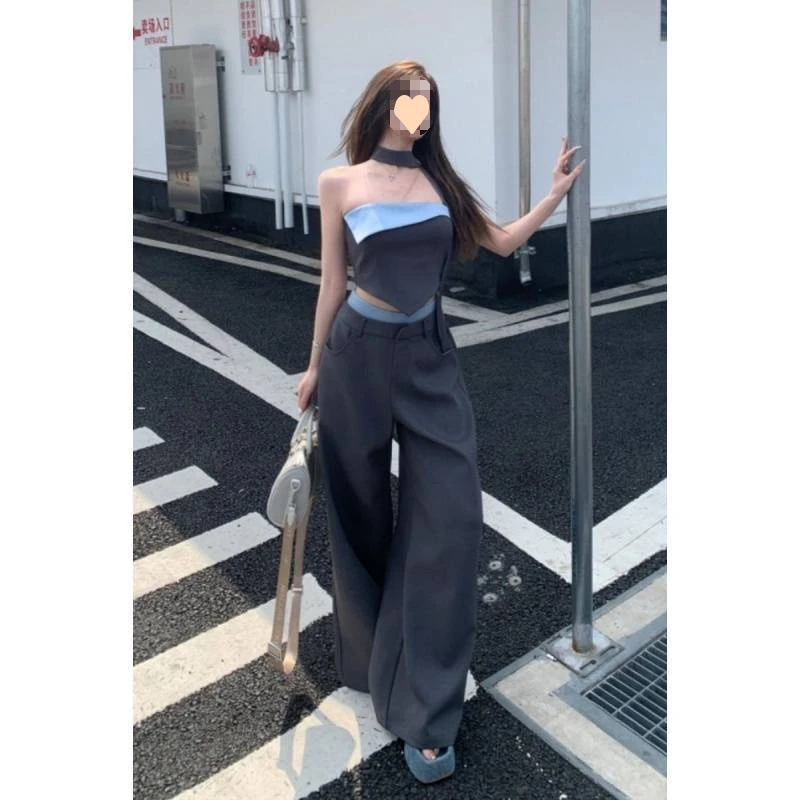 御姐设计感撞色抹胸上衣夏季套装阔腿西装长裤新款时尚两件套女装
