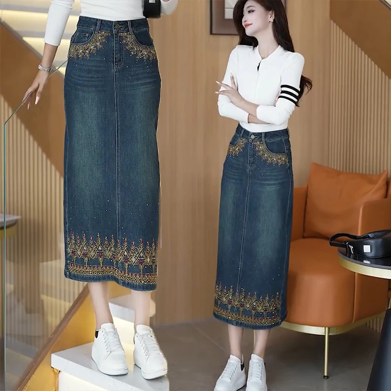 刺绣烫钻牛仔半身裙女2025新款春秋复古中长款包臀裙牛仔裙女