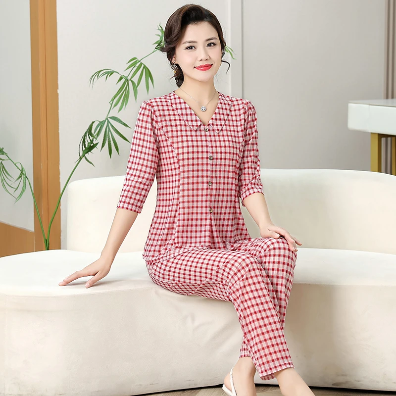 妈妈夏季新款格子套装T恤两件套女装中老年时尚短袖洋气休闲裤子