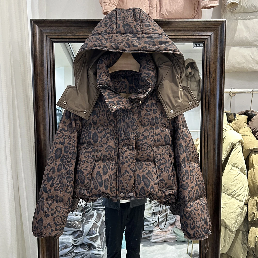 2024冬爆款羽绒服女超短款豹纹洋气宽松休闲小个子加厚面包服外套