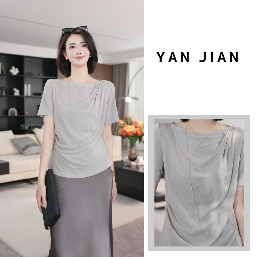 YAN JIAN【优雅佳人】烫金醋酸月牙领手工捏褶气质醋酸上衣