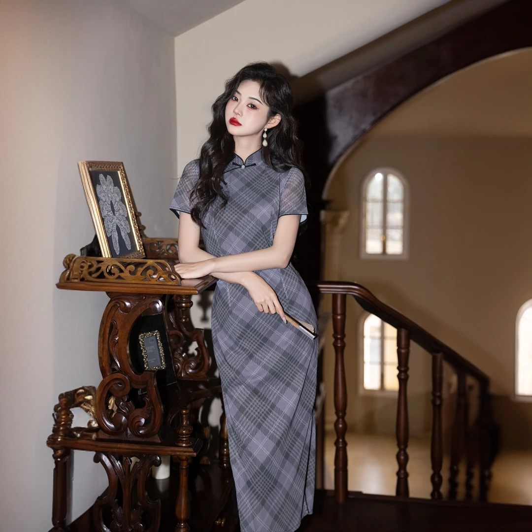 织梦|复古港风文艺范旗袍长款弹力网纱双层优雅气质2025夏 S-3XL