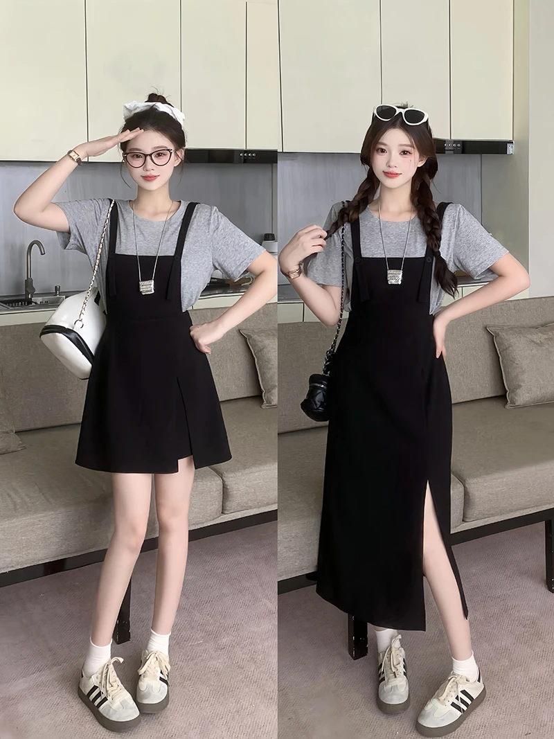 胖mm大码休闲时尚短袖上衣长短款连衣裙套装22004短款+22013长款