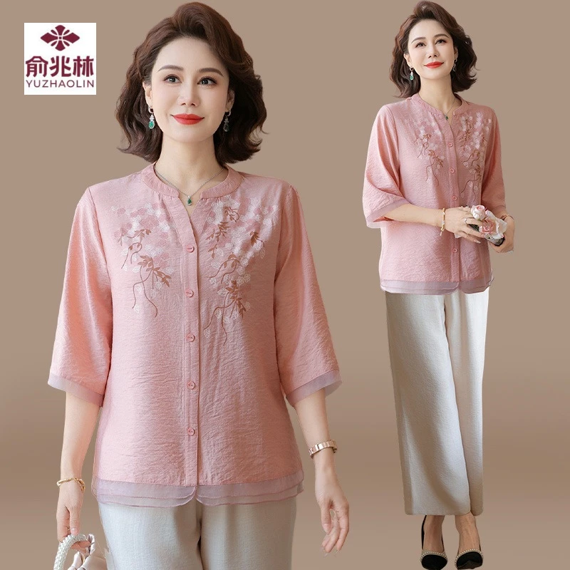 年轻妈妈春装洋气小衫套装中老年女装夏季七分袖上衣服大码两件套