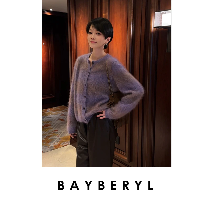 BAYBERYL老贝迷迭*紫渐变羊绒柔软圆领针织开衫9ZZS5J1141-10/15