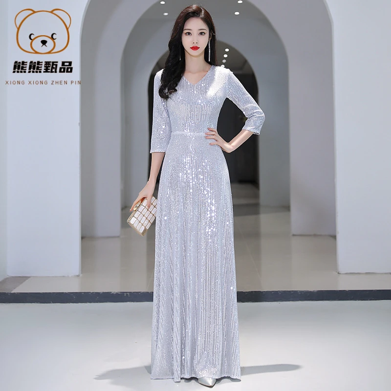 合唱团演出服女新款亮片长款连衣裙礼服婚礼宴会主持成人演出指yw