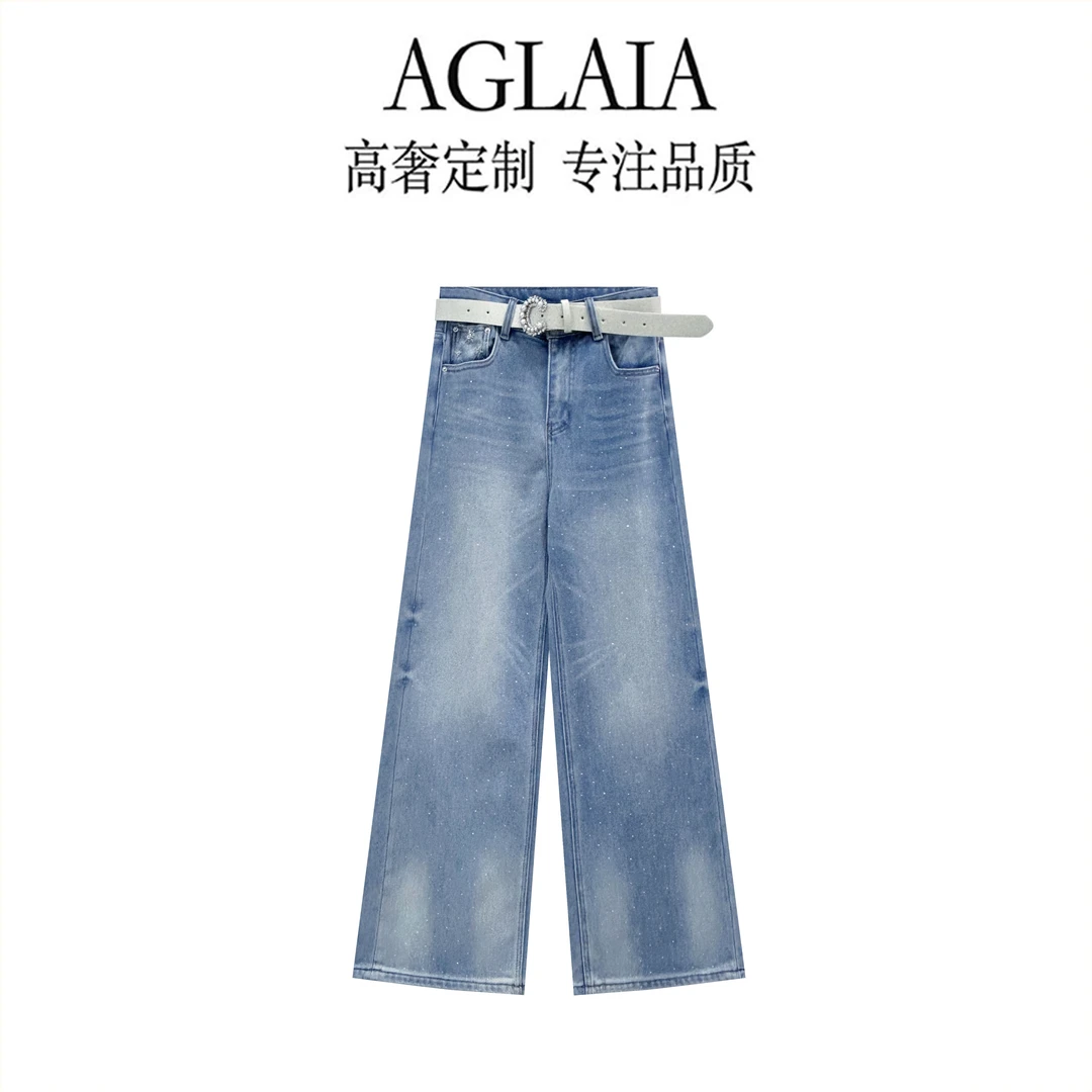 AGLAIA秋冬新款加绒加厚高腰重工钉钻阔腿显瘦百搭直筒牛仔裤8315