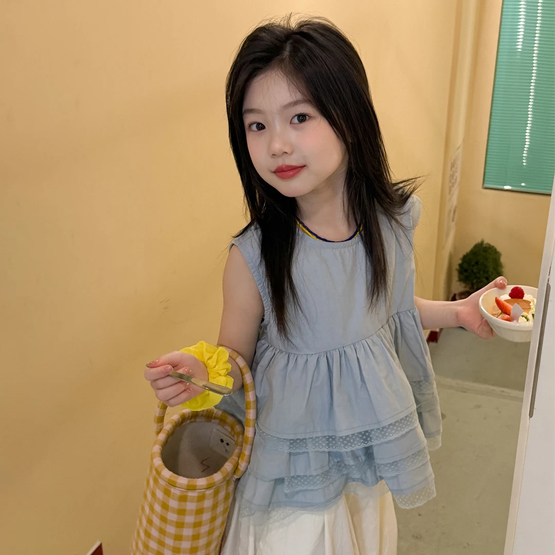 LJ-71877-TBBKids女童小衫2025年夏季新款无袖蕾丝花边甜美