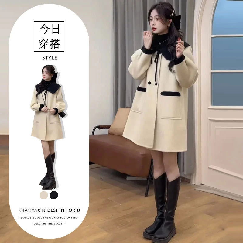 2025秋冬设计感别致娃娃脸撞色拼接外套欧美宽松小个子保暖大衣女