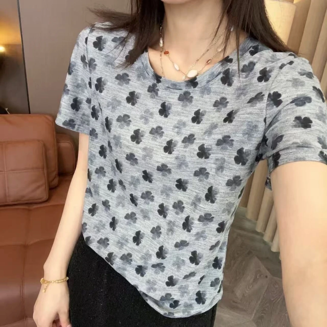 清仓福利·韩系洋气【幸运·四叶草】碎花百休闲圆领纯棉短袖25051