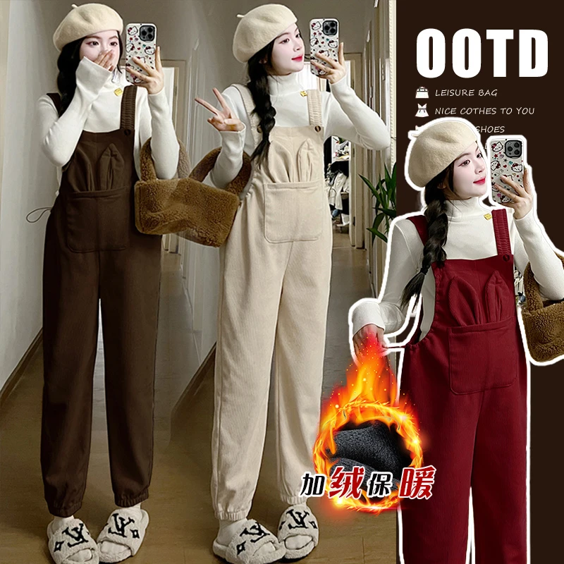 大码孕妇背带裤2025秋冬新款时尚外穿加绒孕妇装小个子宽松吊带裤