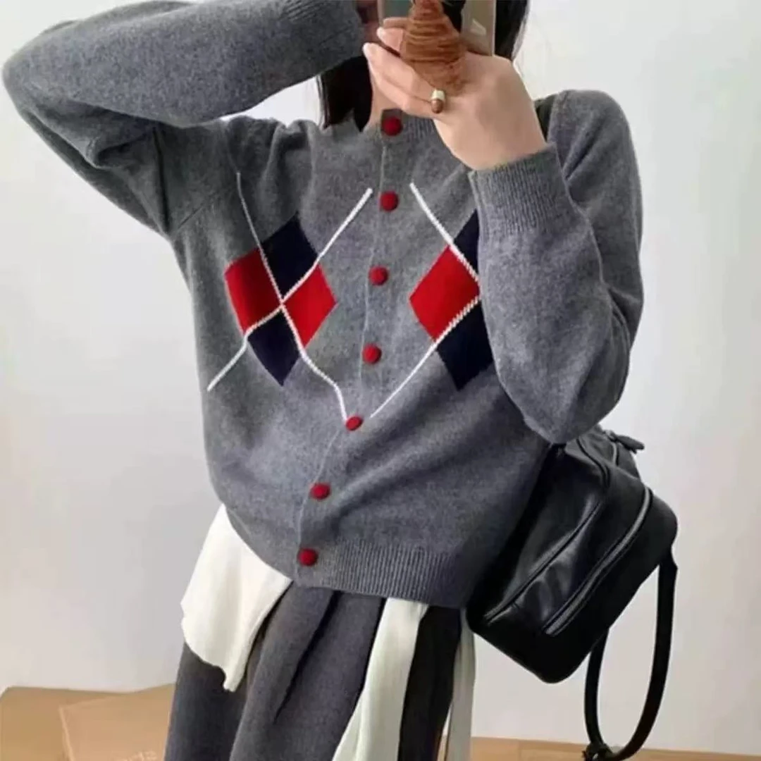 【专属】高级灰~春秋菱格宽松开衫单排扣蓬松软糯毛衣圆领针织衫