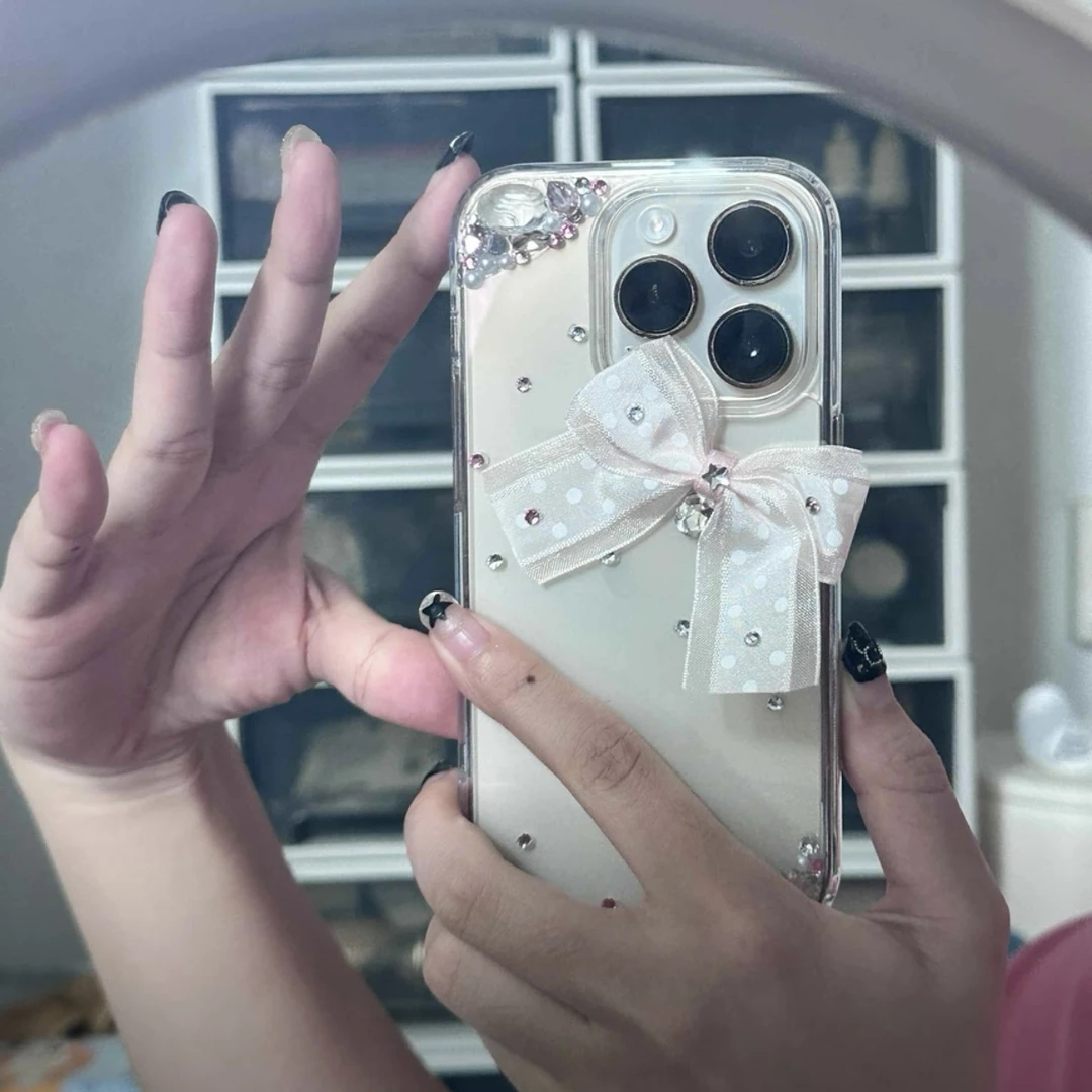 新款波点蝴蝶结适用于苹果iPhone16promax手机壳15高级感13闪钻