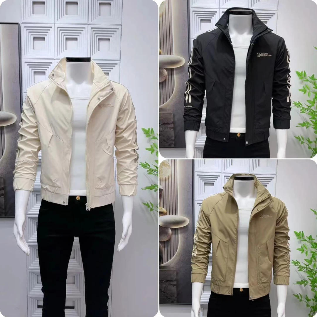 春秋新款男装外套休闲条纹时尚百搭潮流修身帅气韩版立领夹克外套