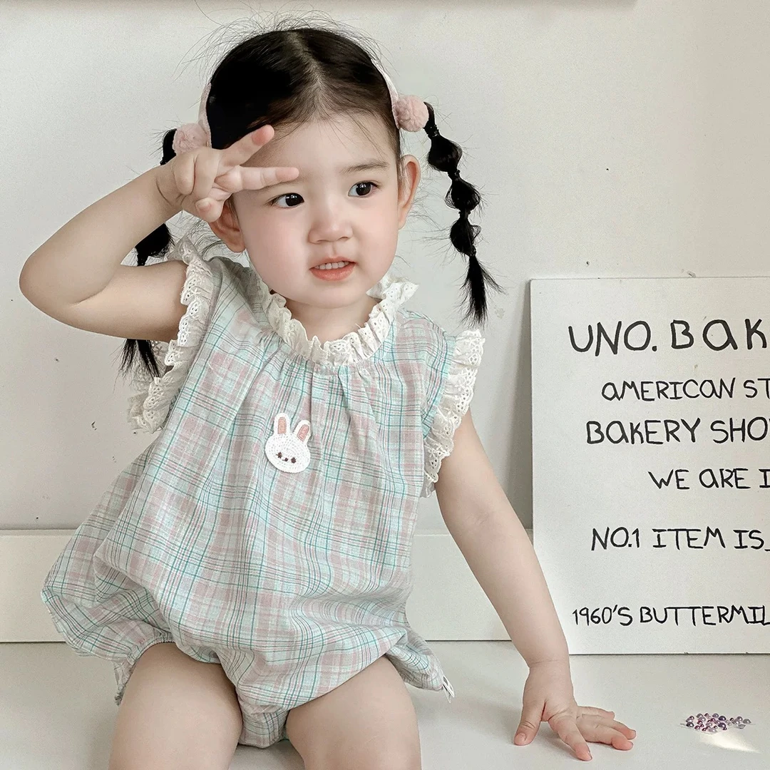 婴儿连体夏季格子兔子耳朵哈衣洋气包屁衣无袖可爱外出服无袖