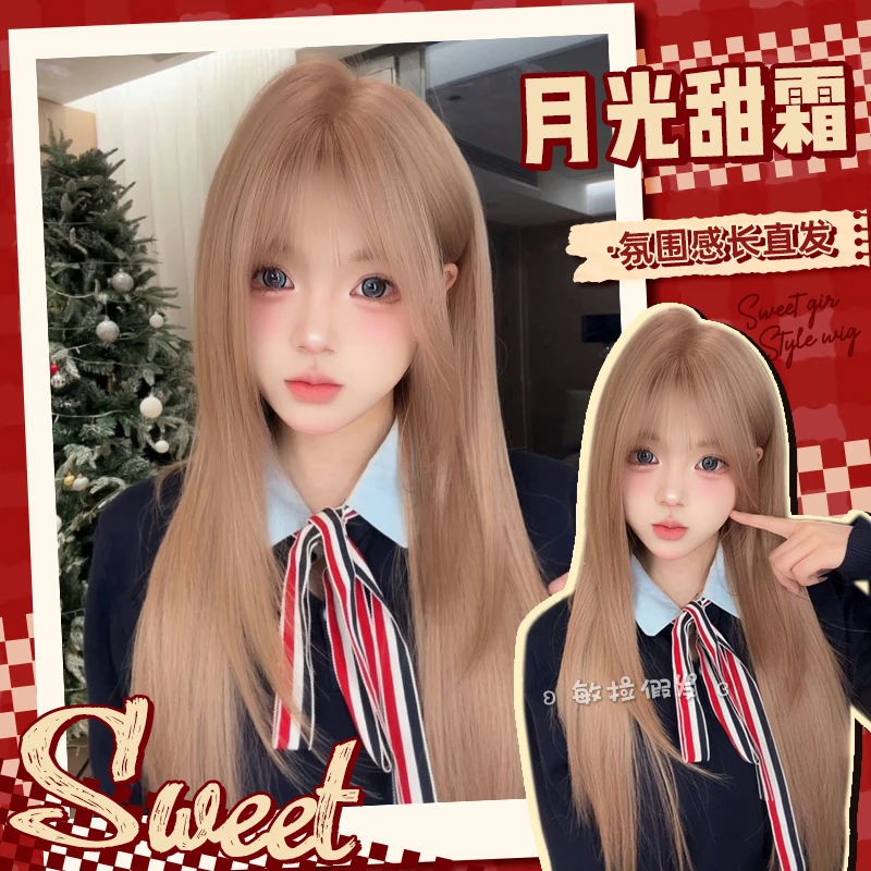 【敏拉】欧美风潮流日系漫画感粉棕色lolita长直发全头套5