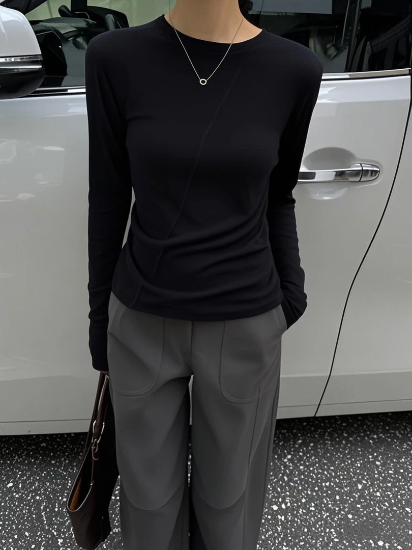 【BAI】小众设计圆领长袖纯色T恤打底衫50877