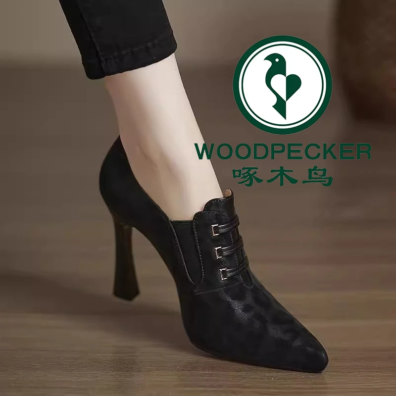 啄木鸟2025年春秋新款百搭气质豹纹高跟小皮鞋深口尖头粗跟单鞋女