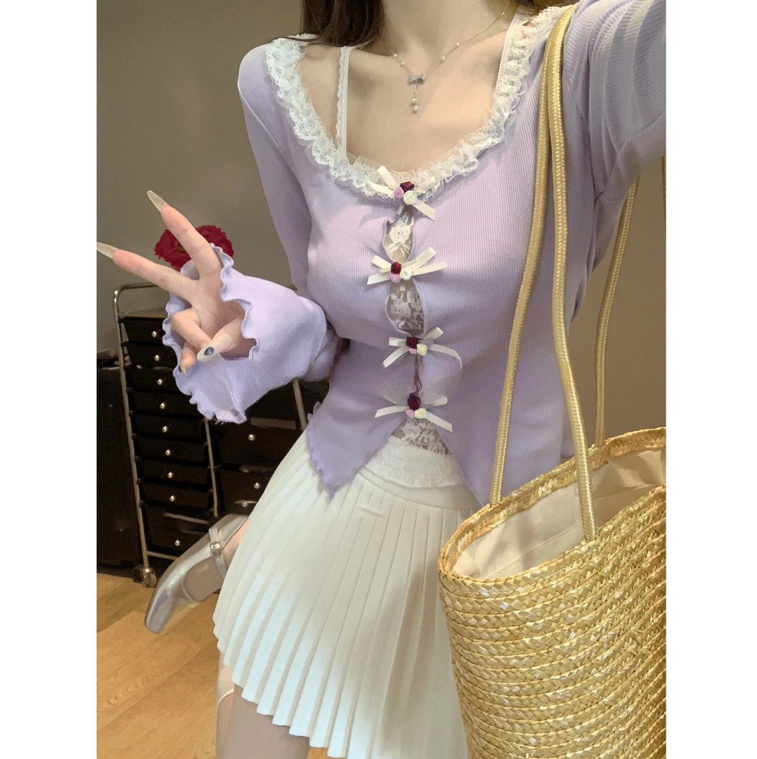 【紫藤之恋 】仙女梦幻紫假两件少女风显瘦针织蝴蝶结上衣女