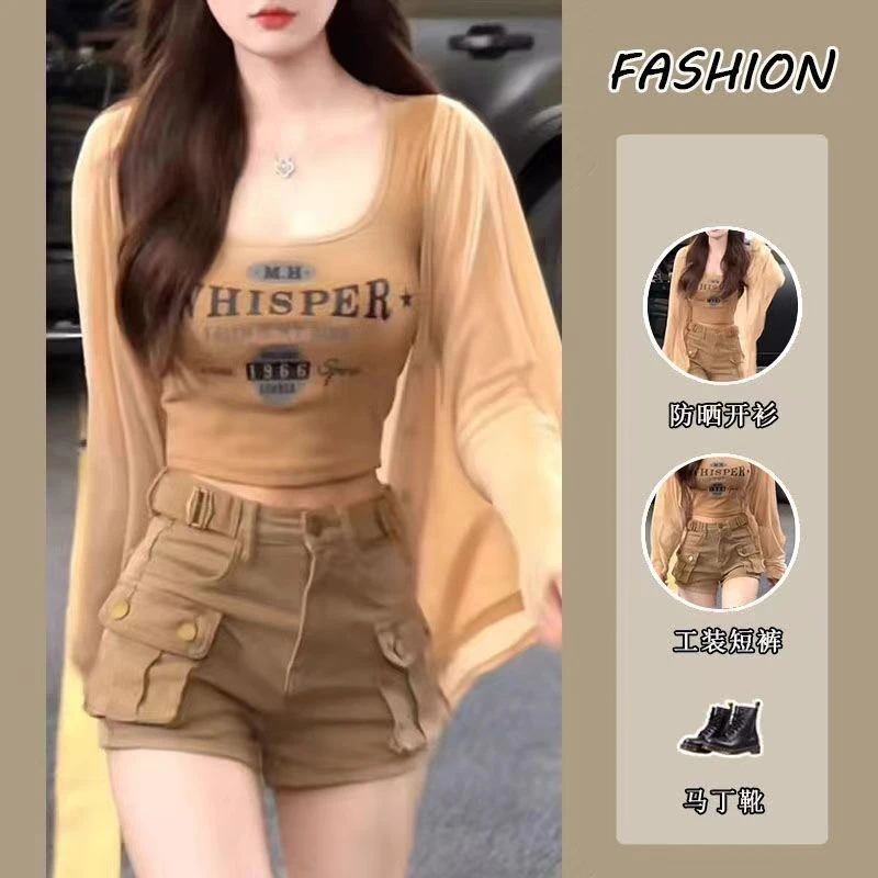 夏季时尚一整套穿搭女2025新款甜酷辣妹防晒衬衫吊带短裤三件套装