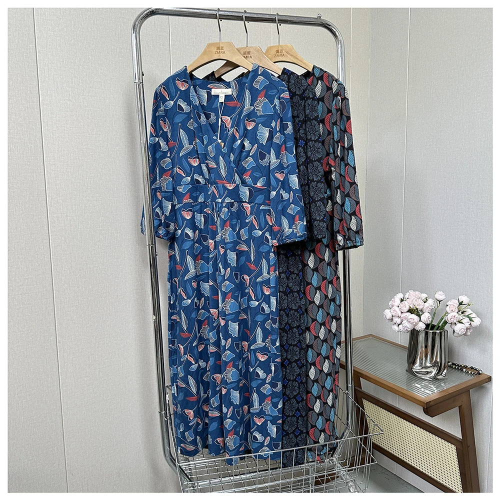 1Q110夏季新款宽松花色中长款V领短袖连衣裙女