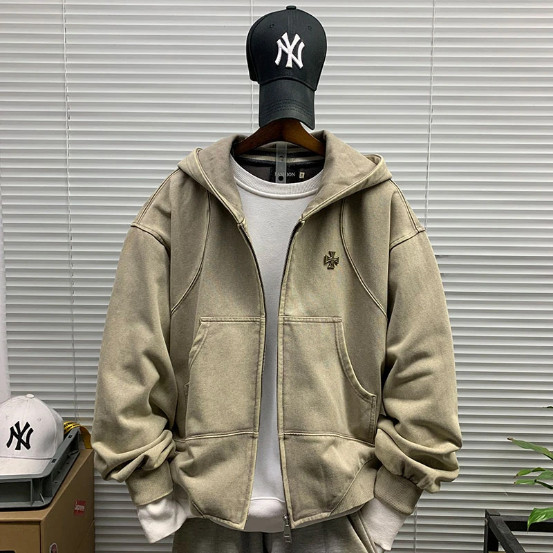 2025春秋新款重工连帽开衫卫衣夹克男士休闲宽松百搭运动潮牌外套